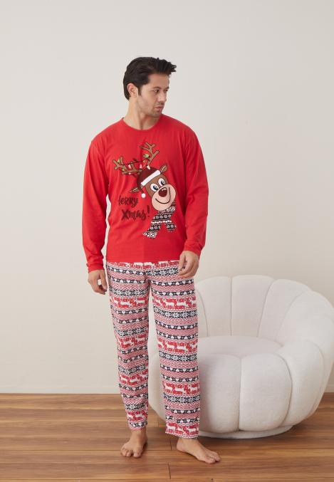 Pijama barbat Craciun maneca lunga pantaloni lungi rosu Herry Xmas ENGROS